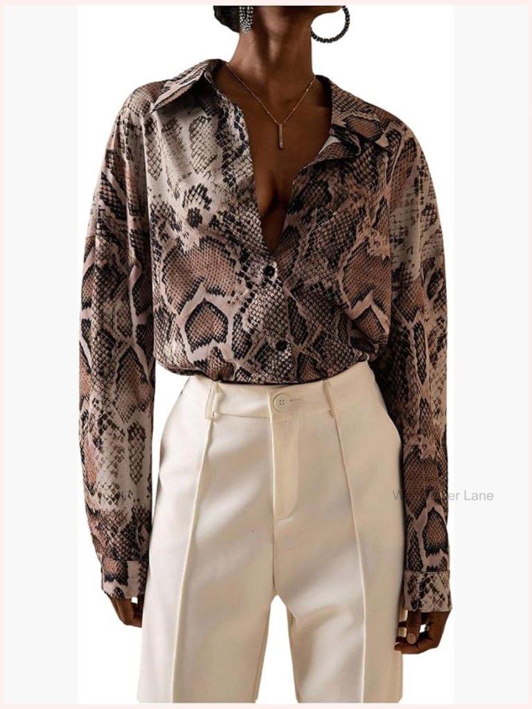 Snakeskin Print Button Down Blouse Long Sleeve Business Casual Shirt